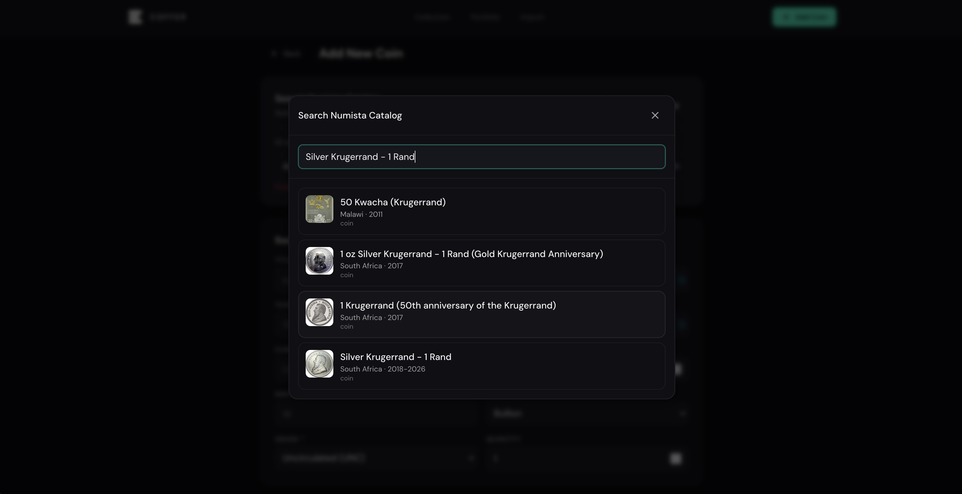 Numista catalog search modal with results for Silver Krugerrand