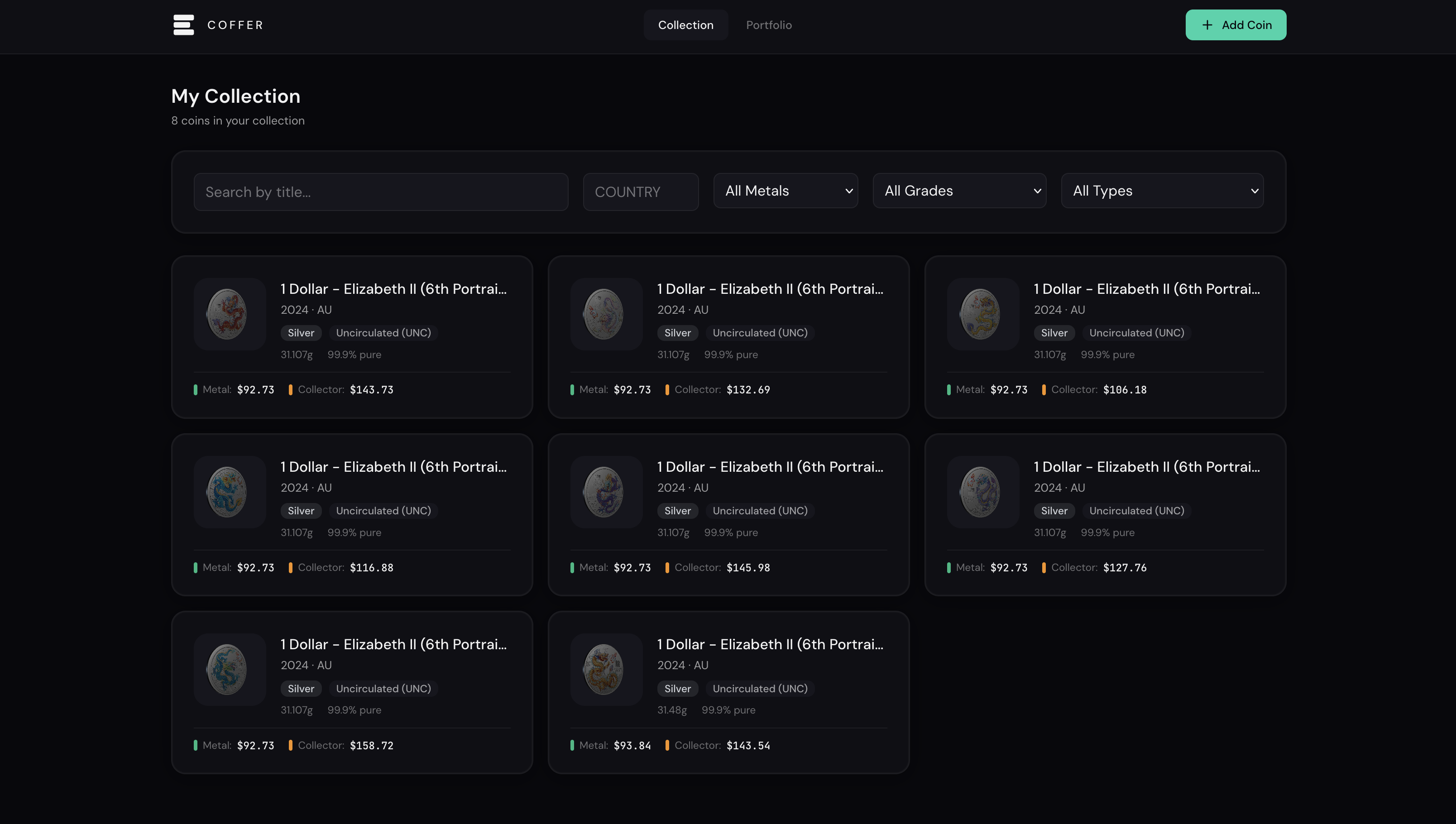Collection view showing coin cards with metal and collector values