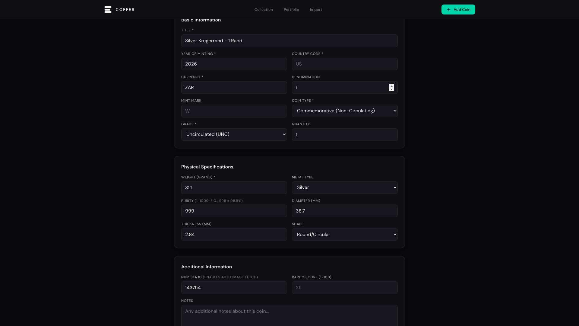 Coin form showing physical specifications fetched by Numista ID