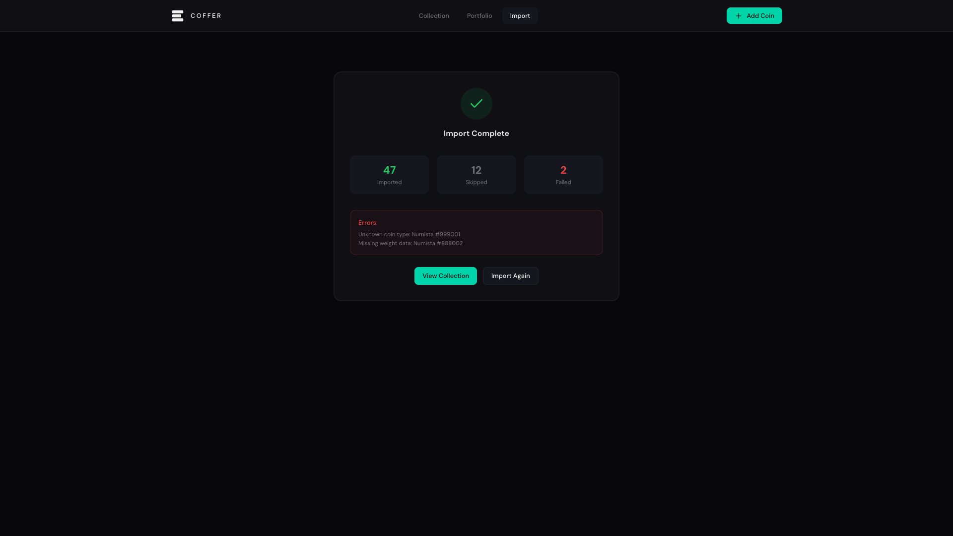 Collection import complete with summary statistics