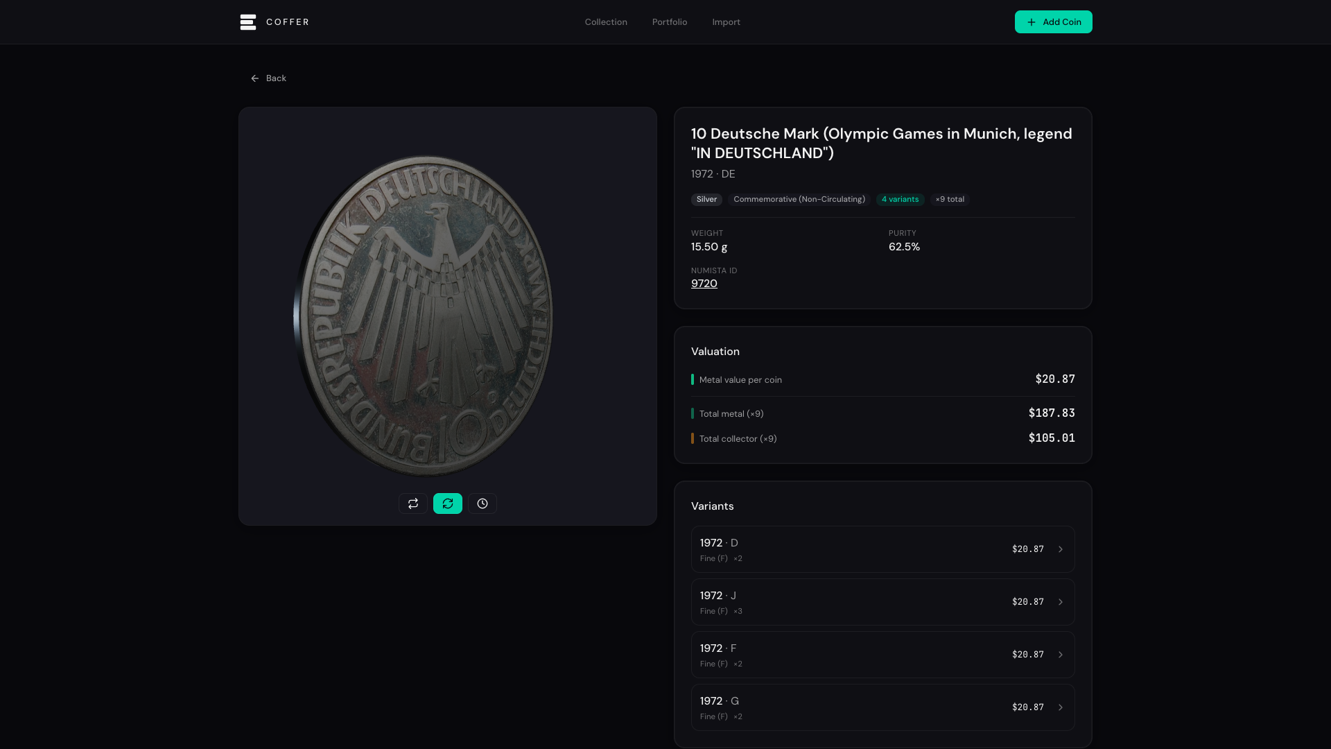 Coin type detail page showing variants by mint mark